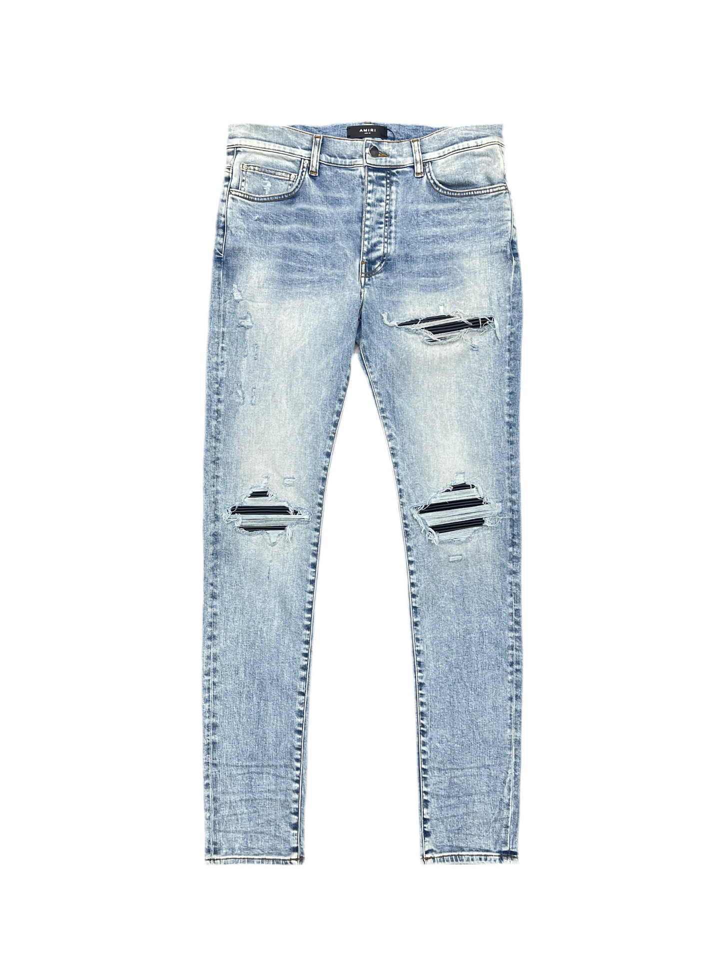 Amiri MX1 Black Leather Patch Jeans Stone Indigo