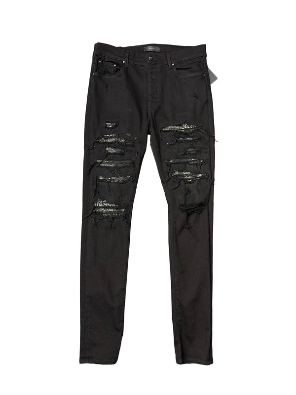 Amiri Thrasher Distressed Paisley Patch Jean Black