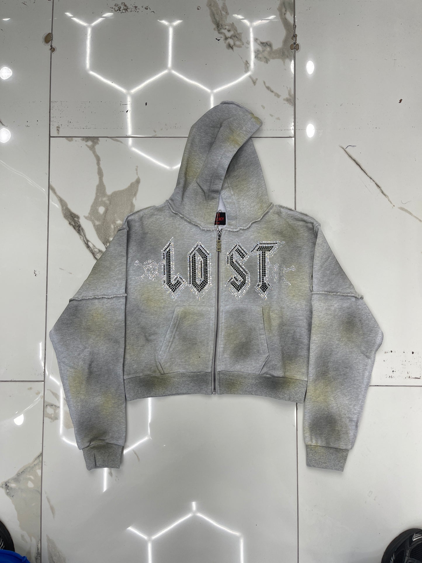 Lost Intricacy Grey Faded Crop Zip-Up Hoodie