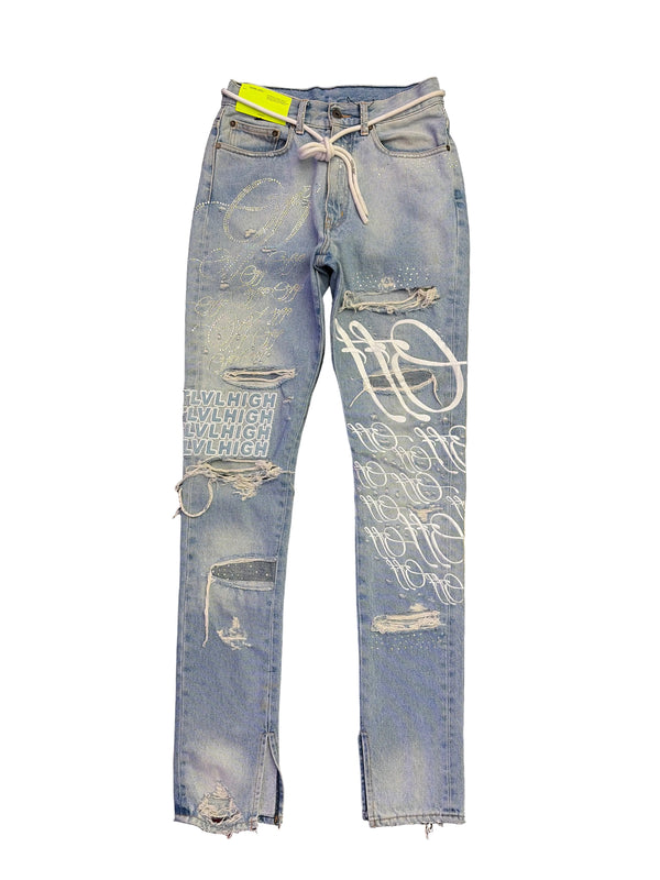 Off-White x EV BRAVADO Crystal Distressed Denim Jeans Light Blue