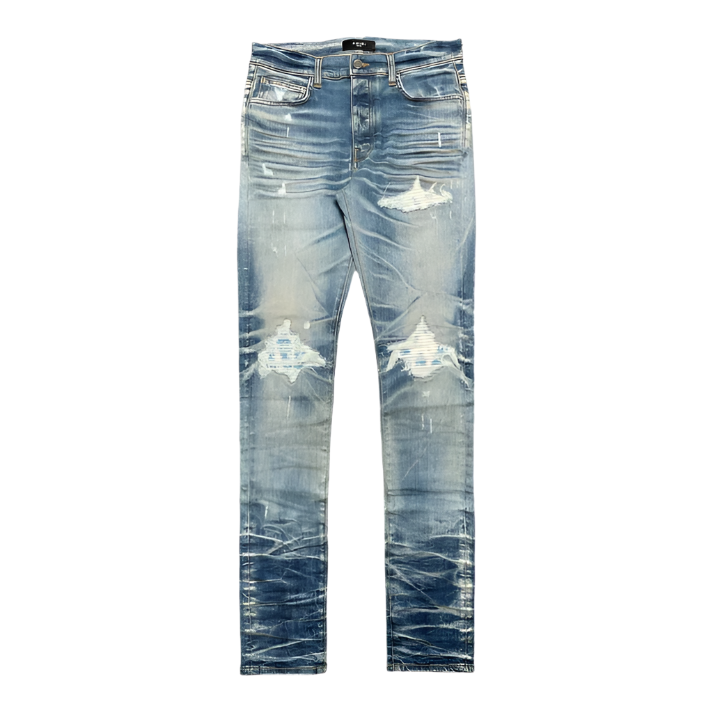 Amiri MX1 Bleached Paisley Patch Honeycomb Indigo Jeans