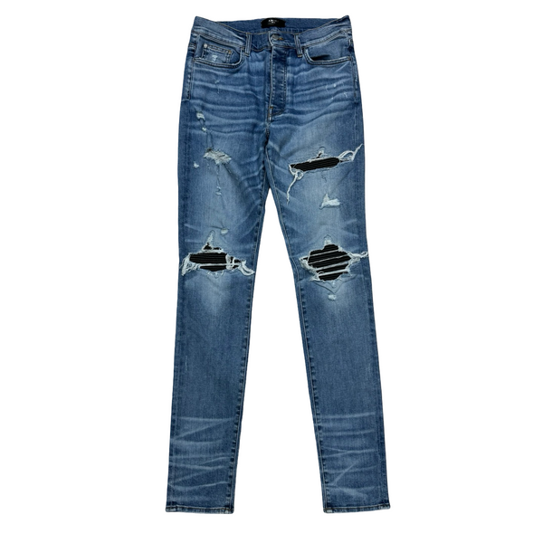 Amiri MX1 Distressed Leather Patch Denim Jeans