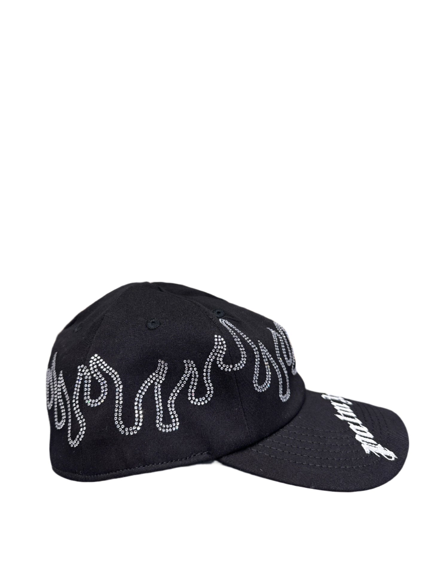 Palm Angels Rhinestone Flame Logo Baseball Cap Black Silver