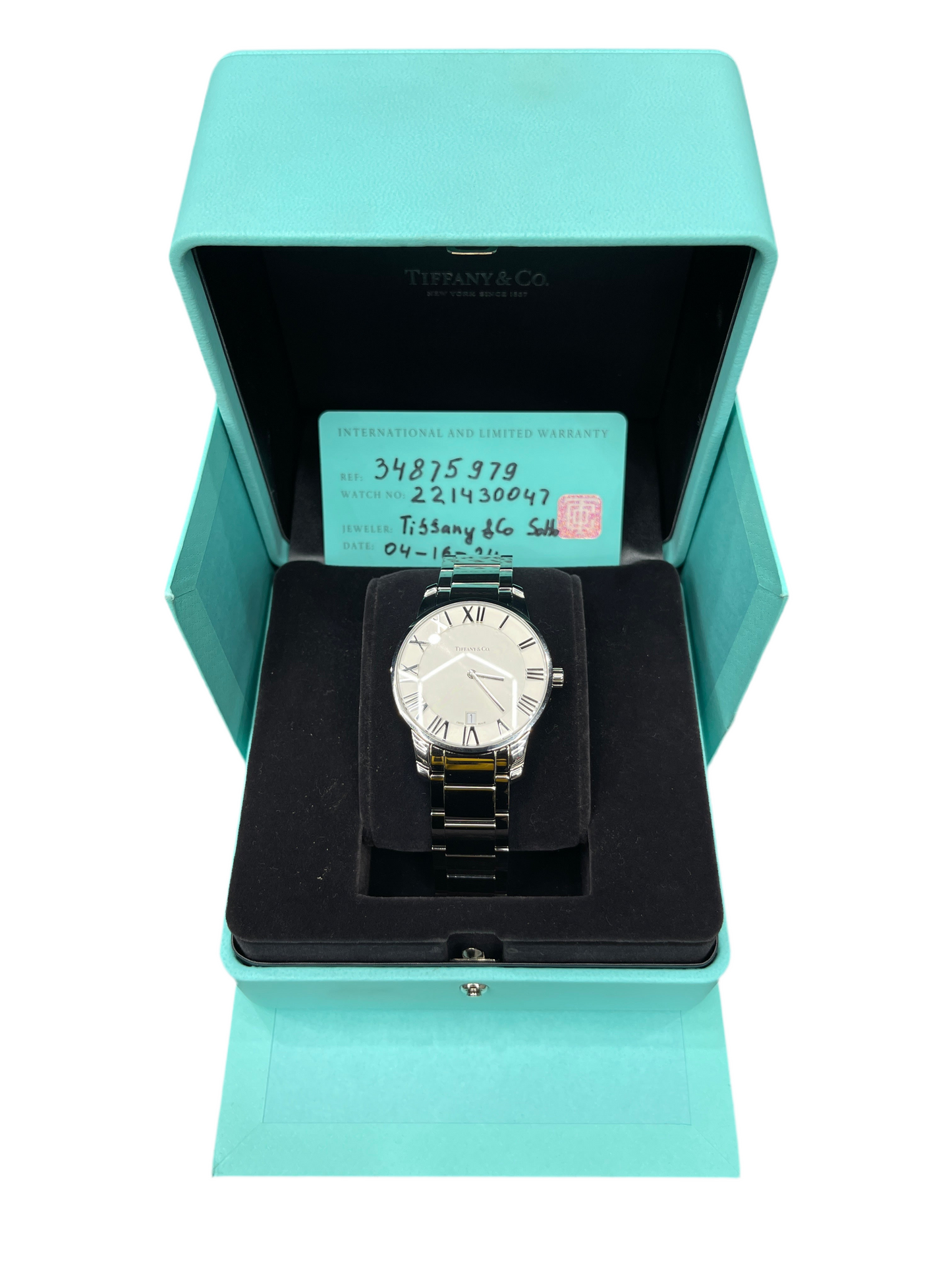 Tiffany & Co. Atlas Dome Date Stainless Steel Watch White Silver