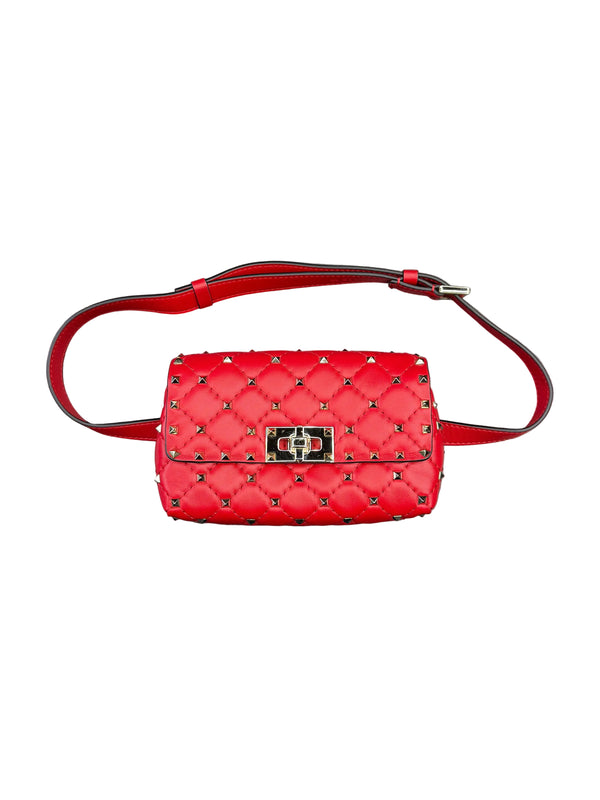 Valentino Rockstud Spike Quilted Leather Belt Bag Red