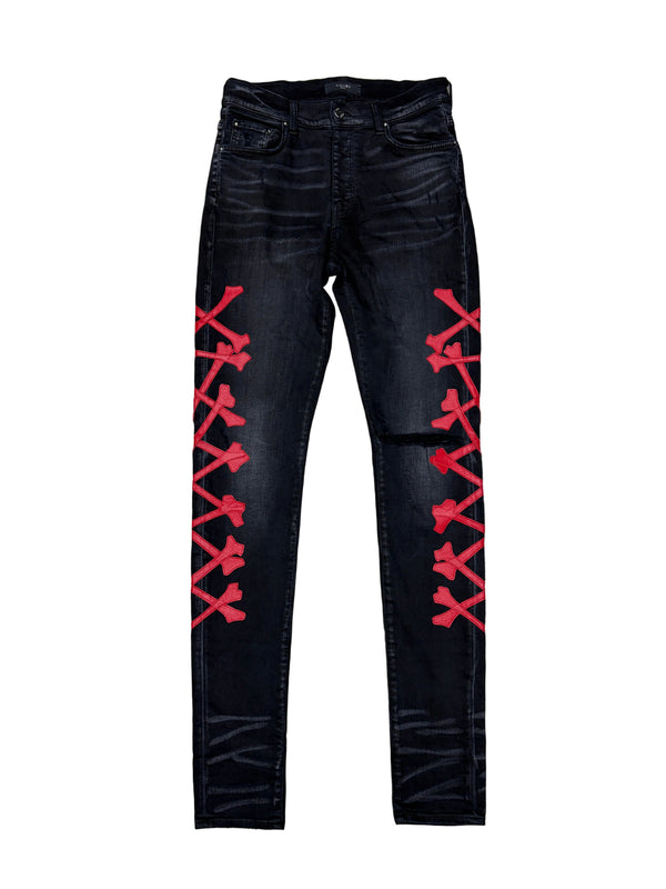 Amiri Red Bones Appliqué Denim Jeans Aged Black