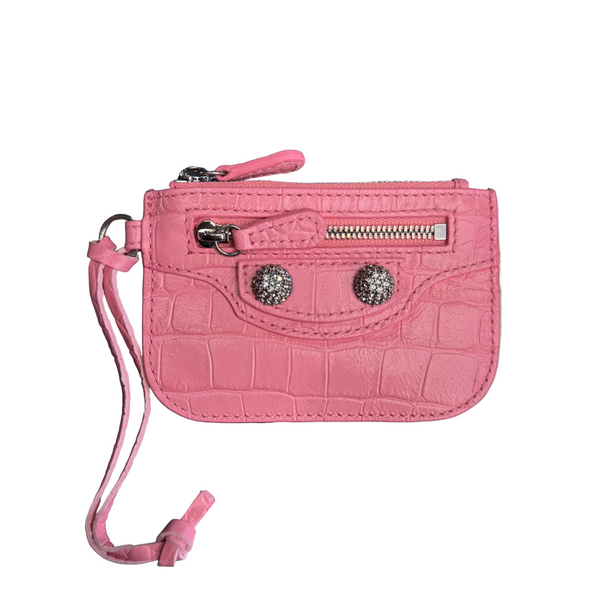 Balenciaga Crocodile Embossed Crystal Le Cagole Coin Card Holder Sweet Pink
