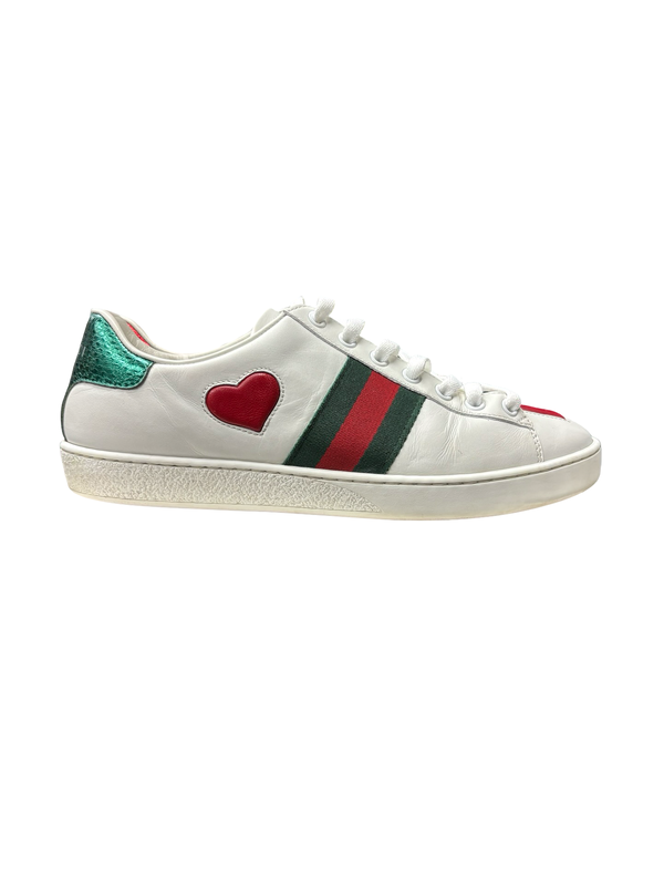 Gucci Ace Red Heart Applique Leather Sneakers