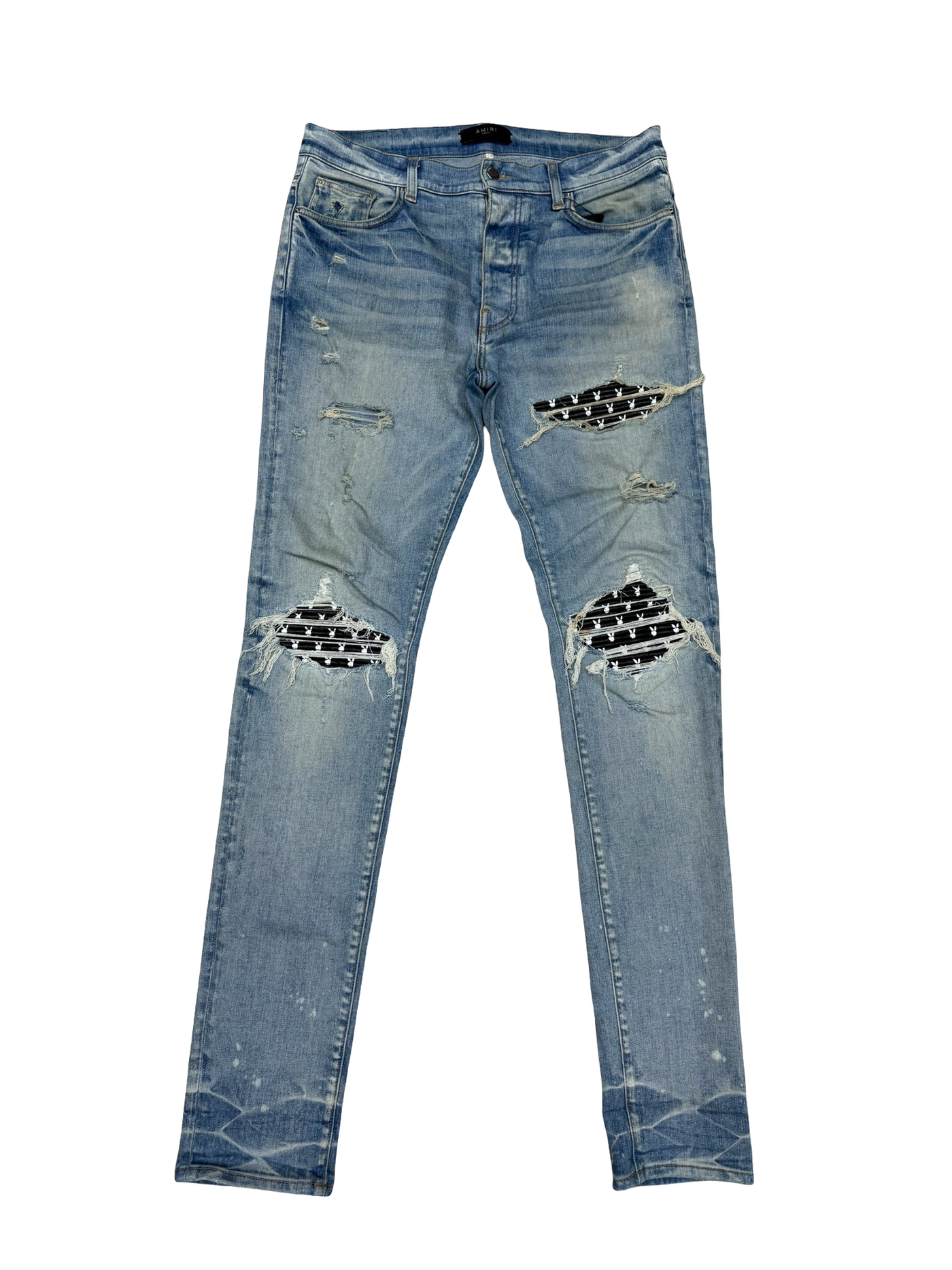 Amiri MX1 Playboy Black Leather Patch Jeans Indigo