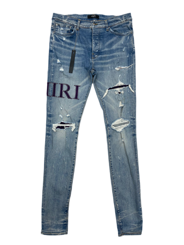 AMIRI MX1 Serif Logo Purple Suede Patch Jeans Indigo