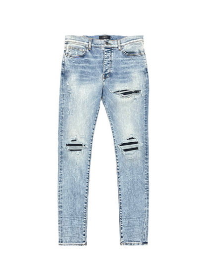 Amiri MX1 Black Leather Patch Jeans Stone Indigo