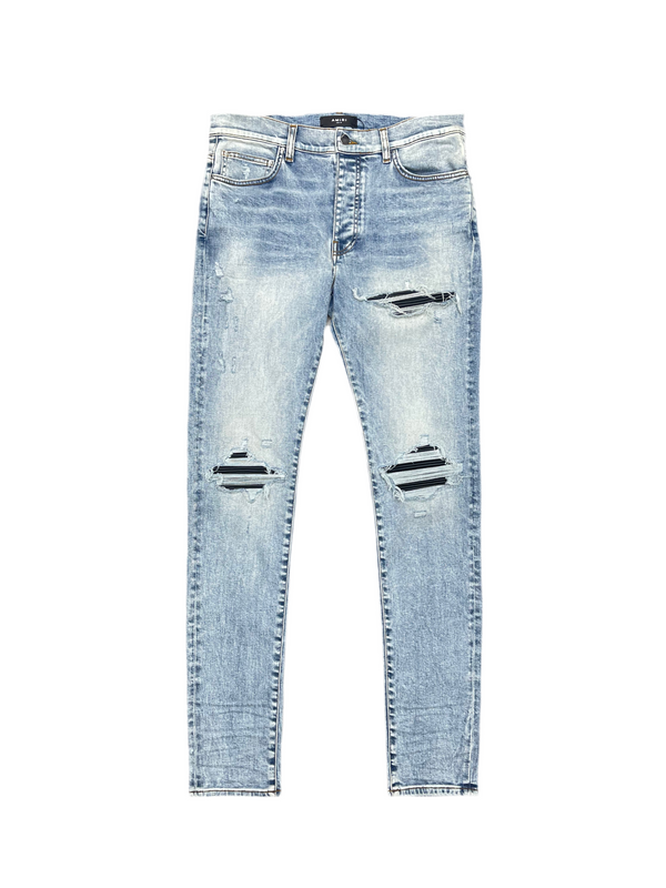 Amiri MX1 Black Leather Patch Jeans Stone Indigo