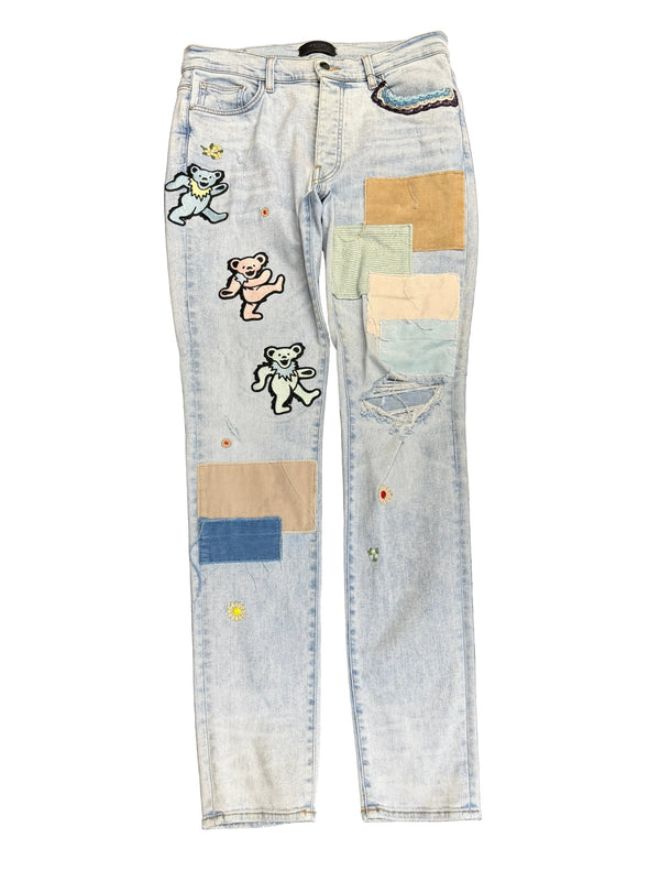 Amiri Dancing Bear Embroidered Patchwork Denim Blue Jeans