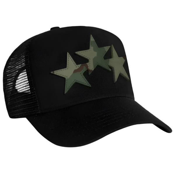 Amiri 3 Star Trucker Hat Black Camo