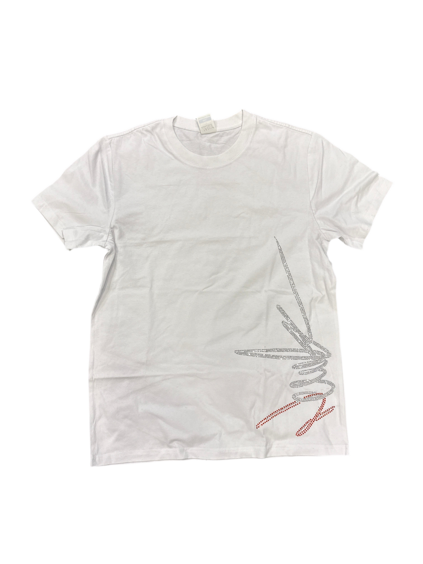 NewYrrk White T-shirt Side Logo w/ White Orange Crystal