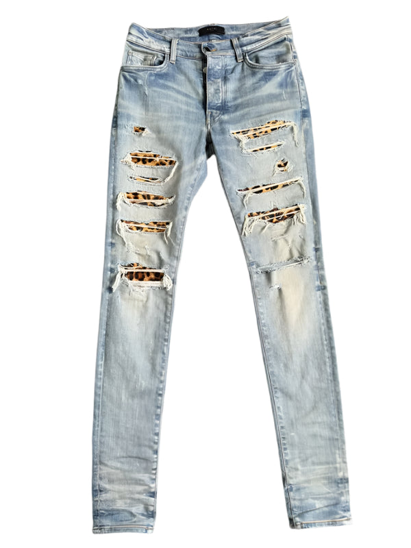 Amiri Clay Indigo Leopard Patch Thrashers Jeans