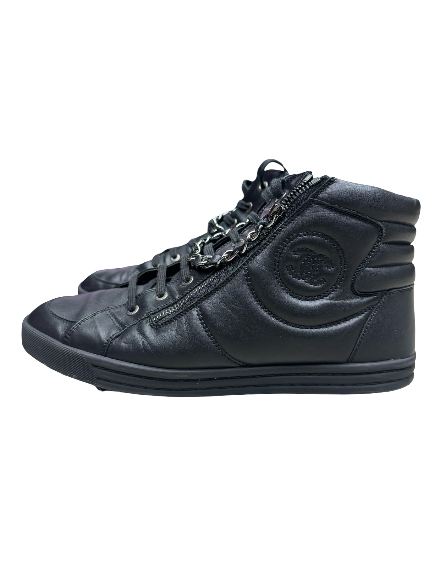 Chanel black CC Zipper Leather High Top Sneakers