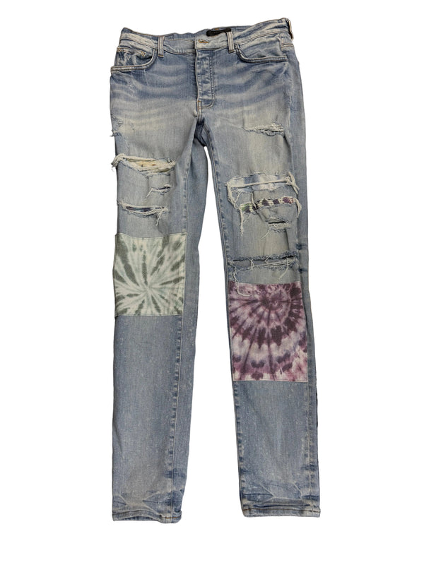 AMIRI Patchwork Distressed Blue Indigo Slim Fit Jeans