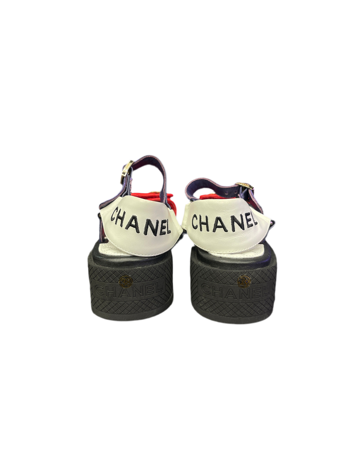 Chanel Lambskin Logo Platform Sandals Red White Blue