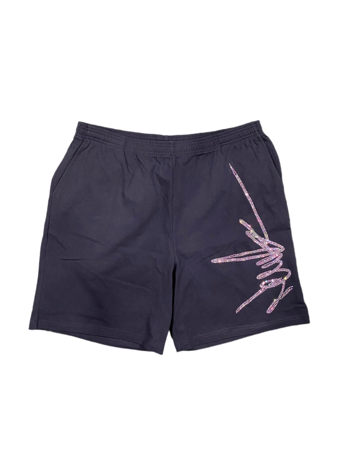 NewYrrk Black Cotton Shorts Side Logo w/ Rainbow Iridescent Crystal