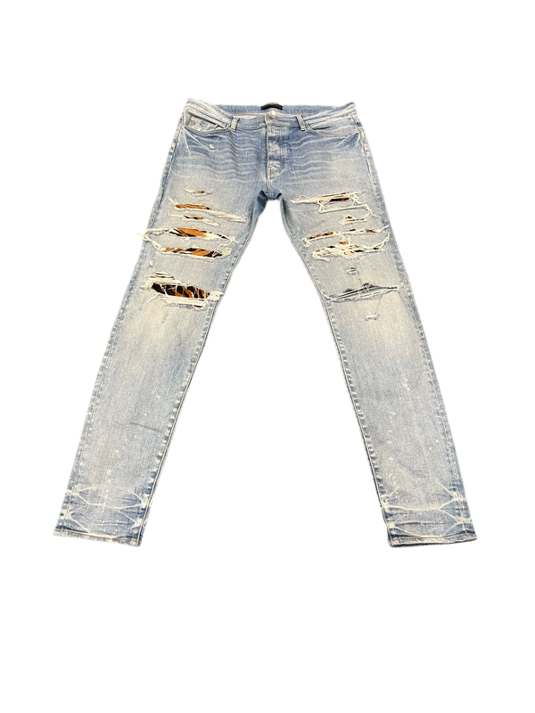Amiri Distressed Tiger Print Jeans Indigo