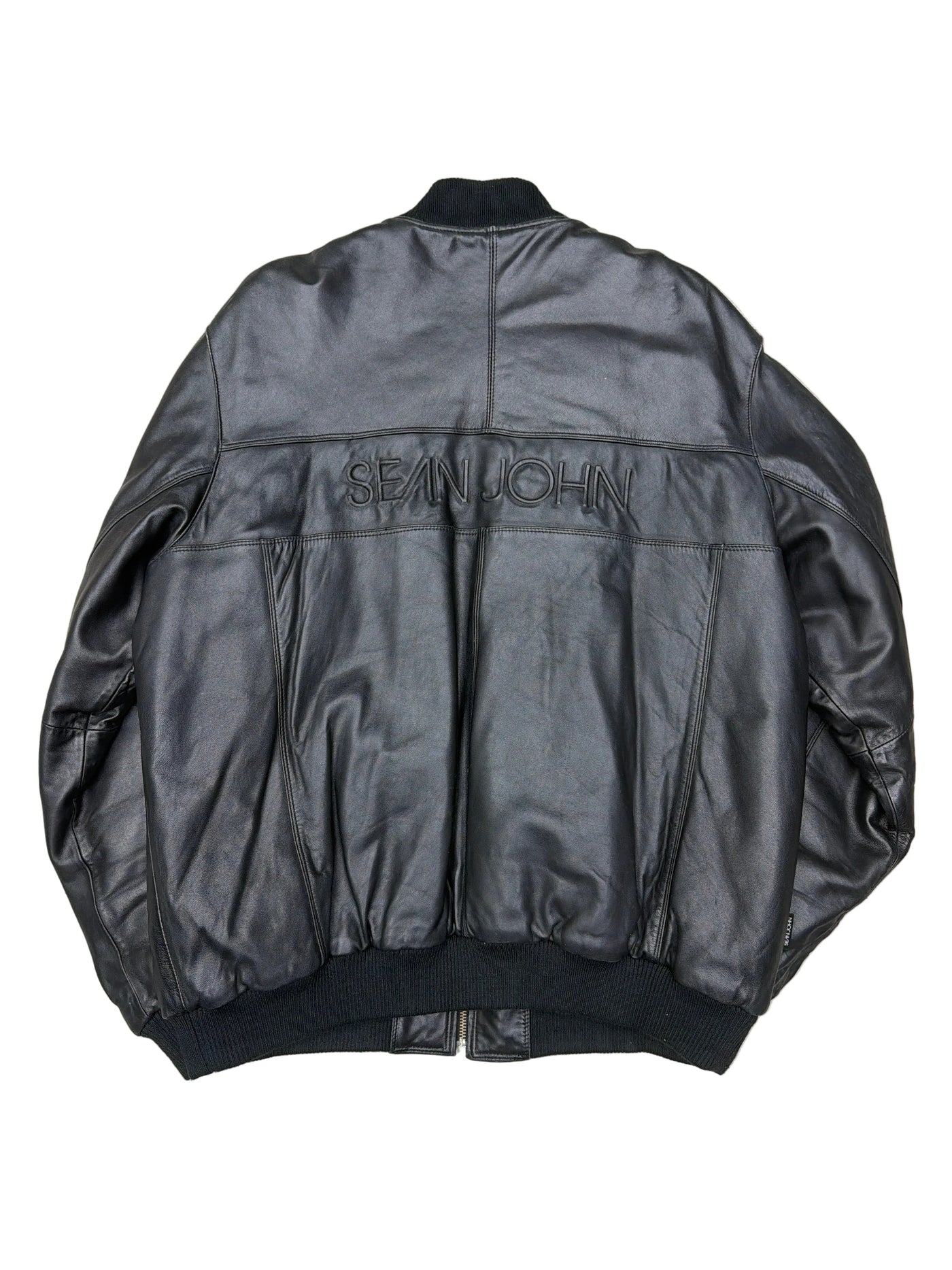 Sean John Mens Signature Logo Genuine Leather Bomber Jacket