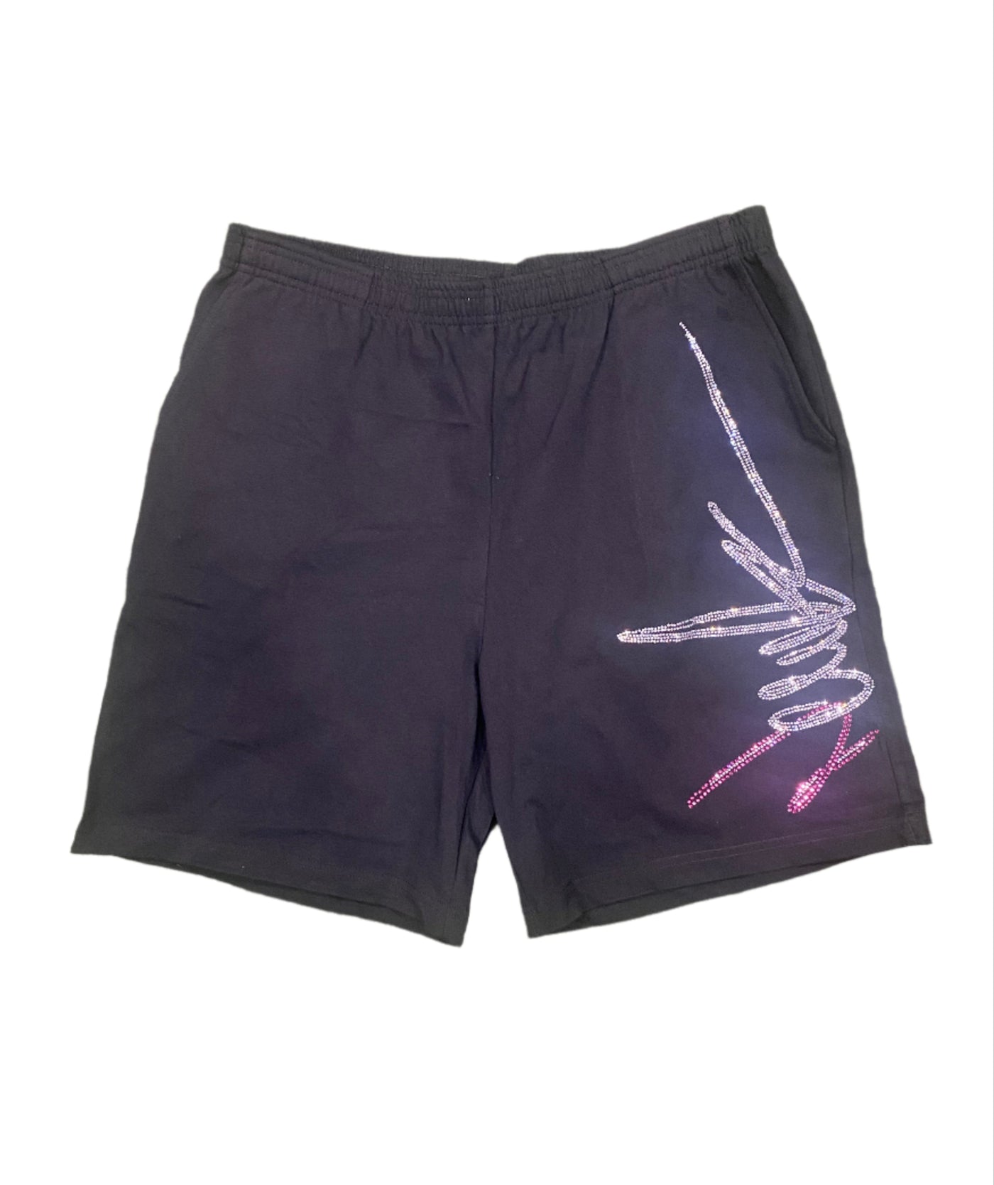 NewYrrk Black Cotton Shorts Side Logo w/ White Pink Crystal