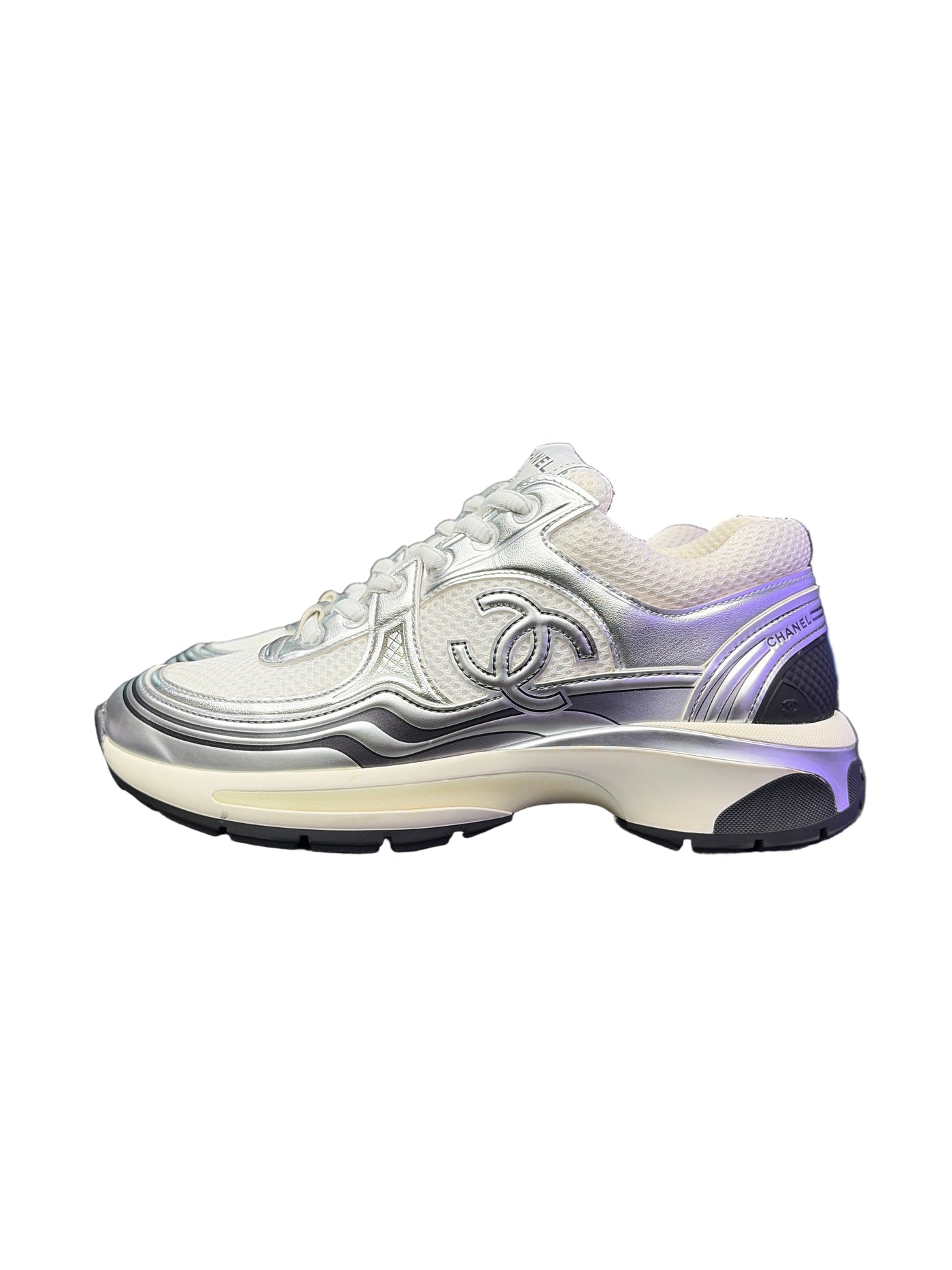Chanel CC Logo Sneakers White Silver