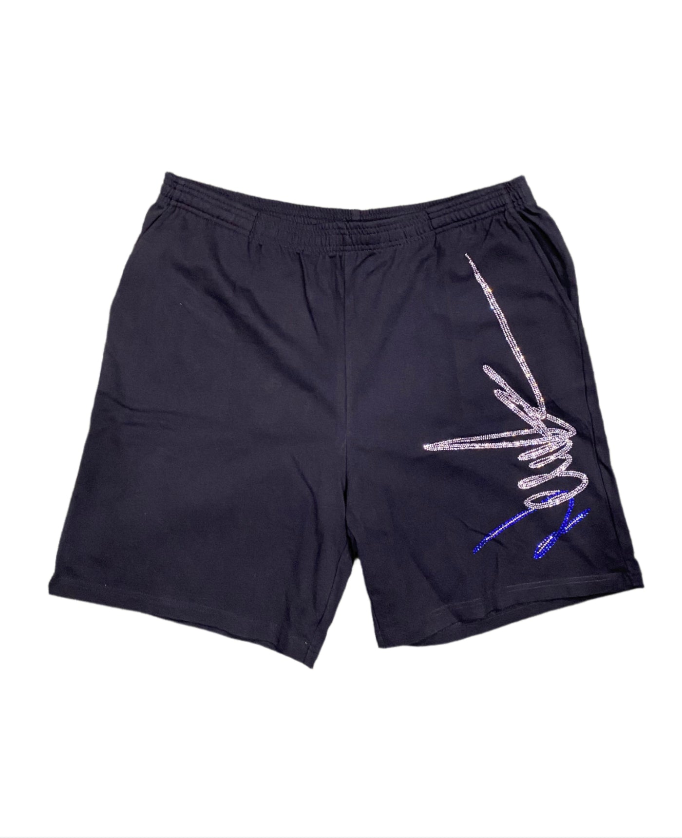 NewYrrk Black Cotton Shorts Side Logo w/ White Blue Crystal