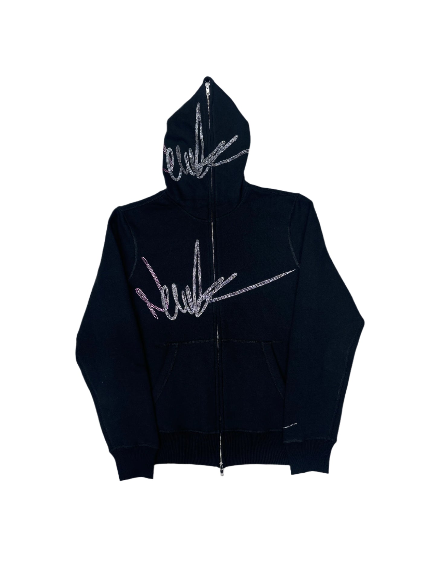NewYrrk Black Zip-Up Hoodie Pink White Crystals