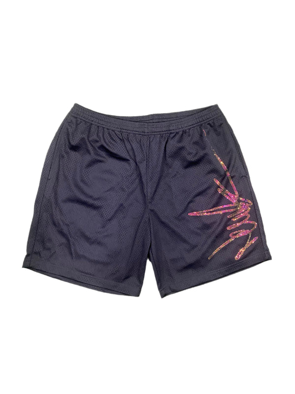 NewYrrk Black Basketball Shorts Side Logo w/ Rainbow Iridescent Crystal