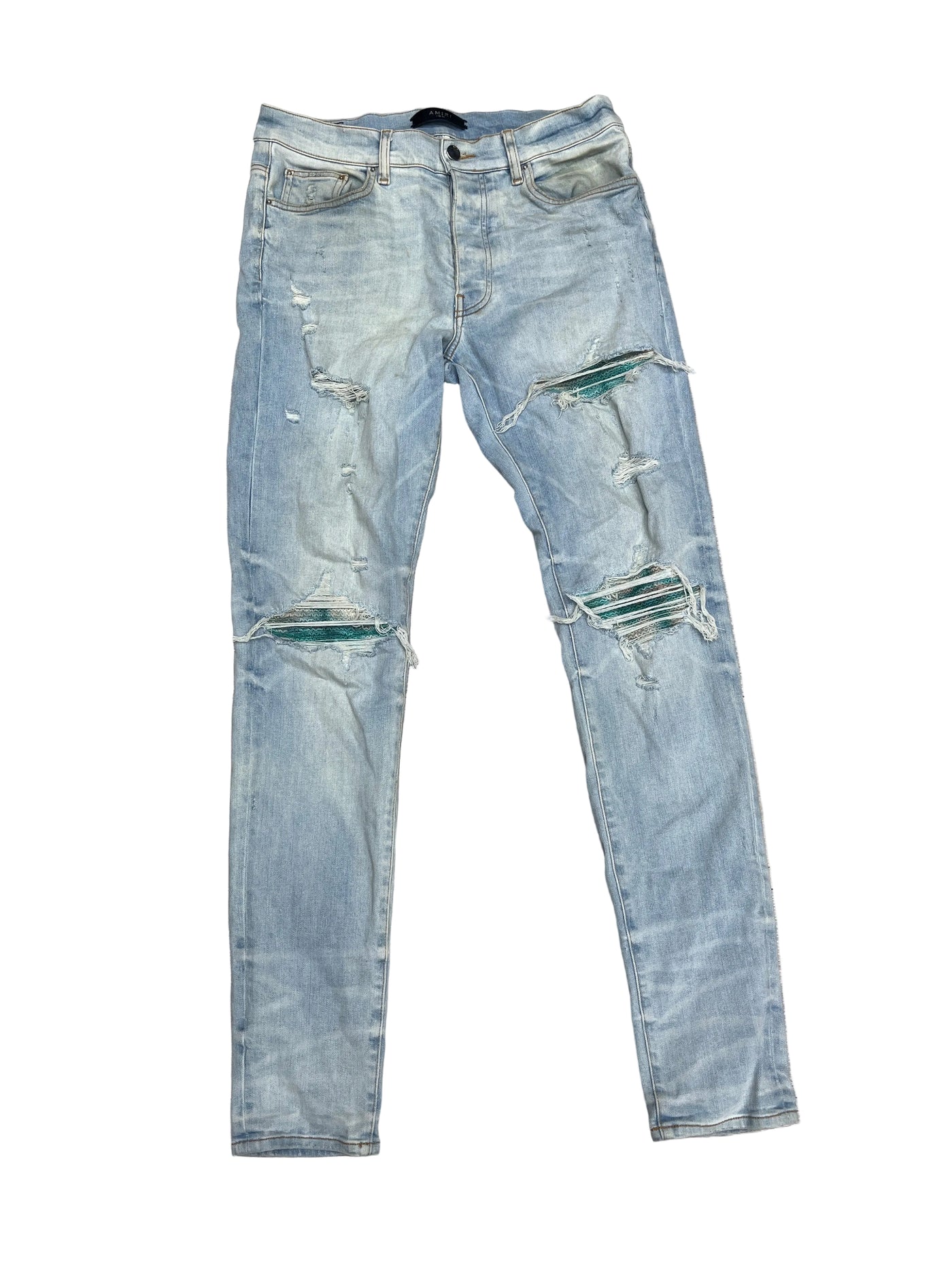 Amiri MX1 Plaid Jeans aqua blue patches