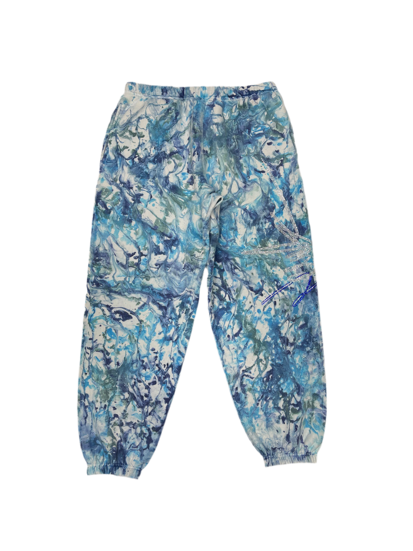 NewYrrk Blue Wash Tie-Dye Sweatpants w/ Blue White Crystal