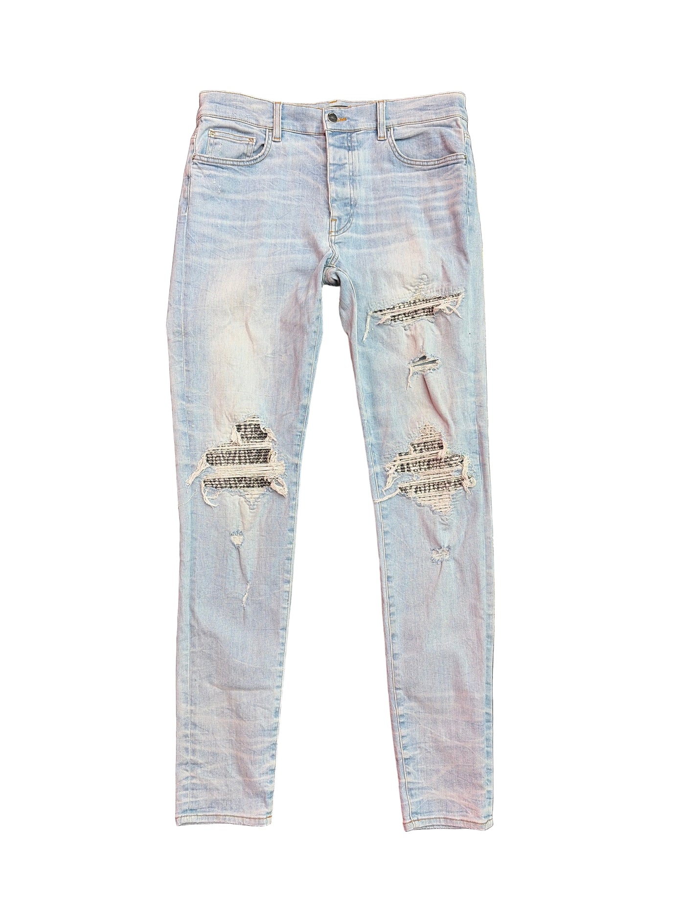 Amiri MX1 Black Acid Wash Patch Jeans Light Indigo