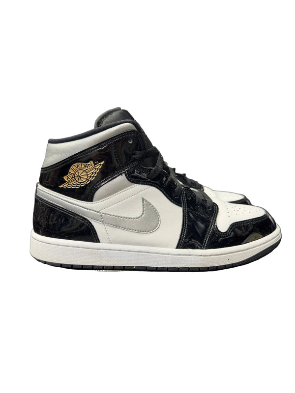 Nike Air Jordan 1 Mid SE Patent Black White Metallic Silver Metallic Gold