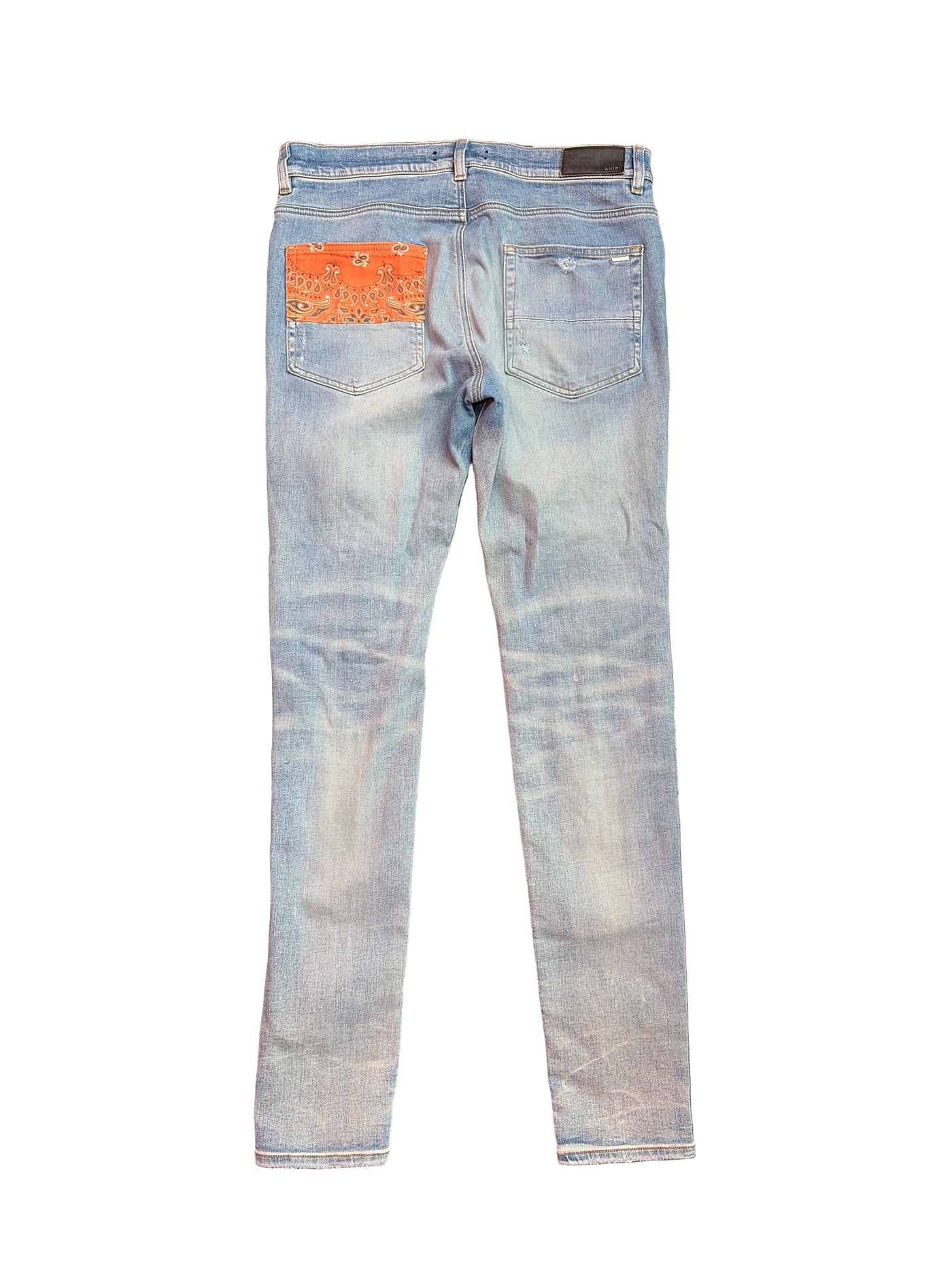 Amiri MX1 Orange Paisley Bandana Patch Jeans Light Indigo