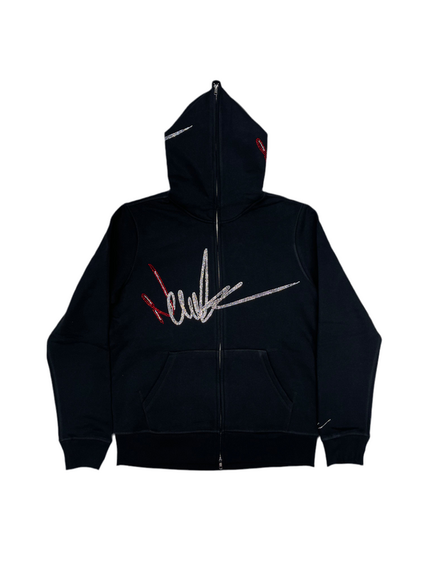 NewYrrk Black Zip-Up Hoodie w/ Red White Crystal