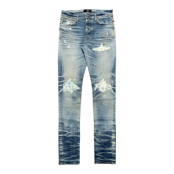 Amiri MX1 Bleached Paisley Patch Honeycomb Indigo Jeans