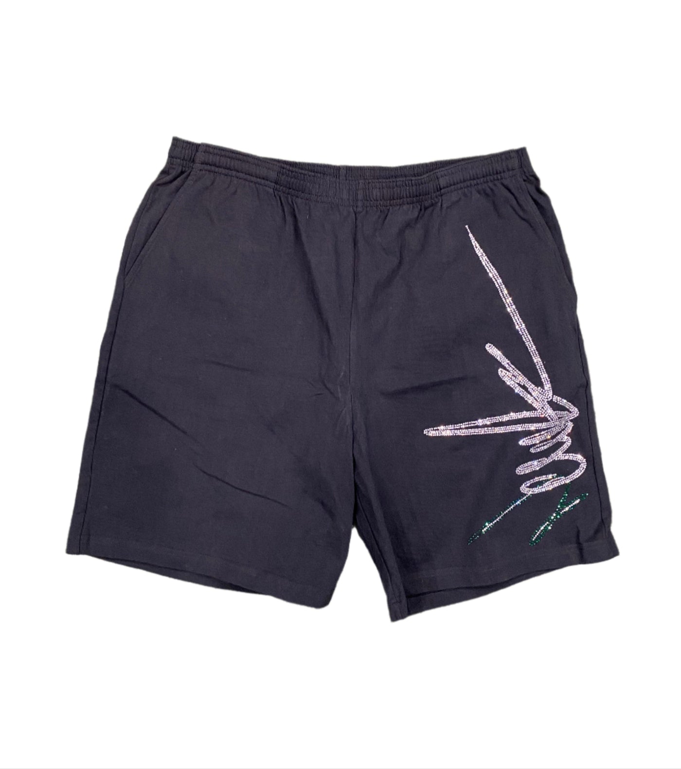 NewYrrk Black Cotton Shorts Side Logo w/ White Green Crystal