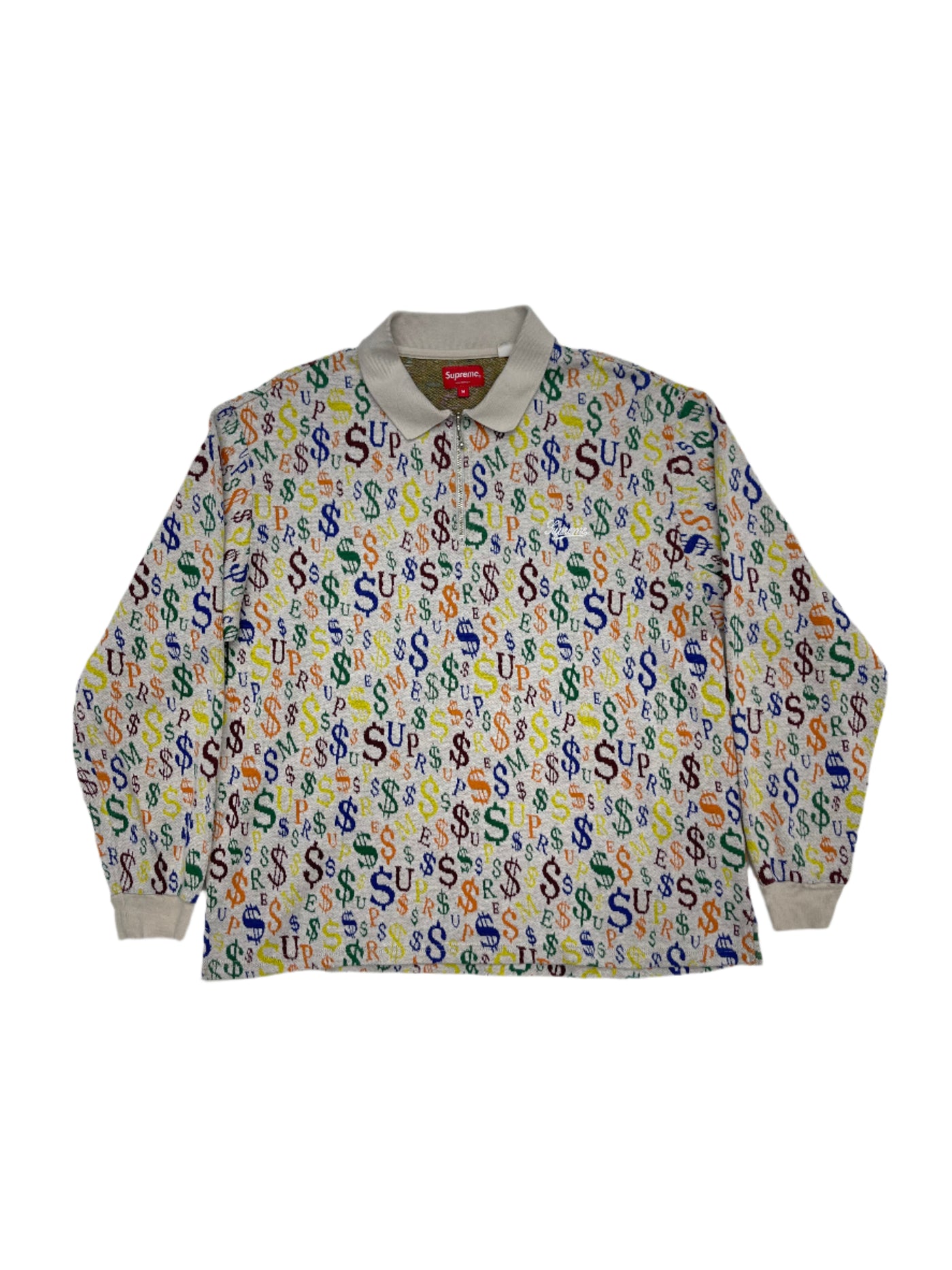 FW22 Supreme Currency Jacquard Zip L/S Polo White