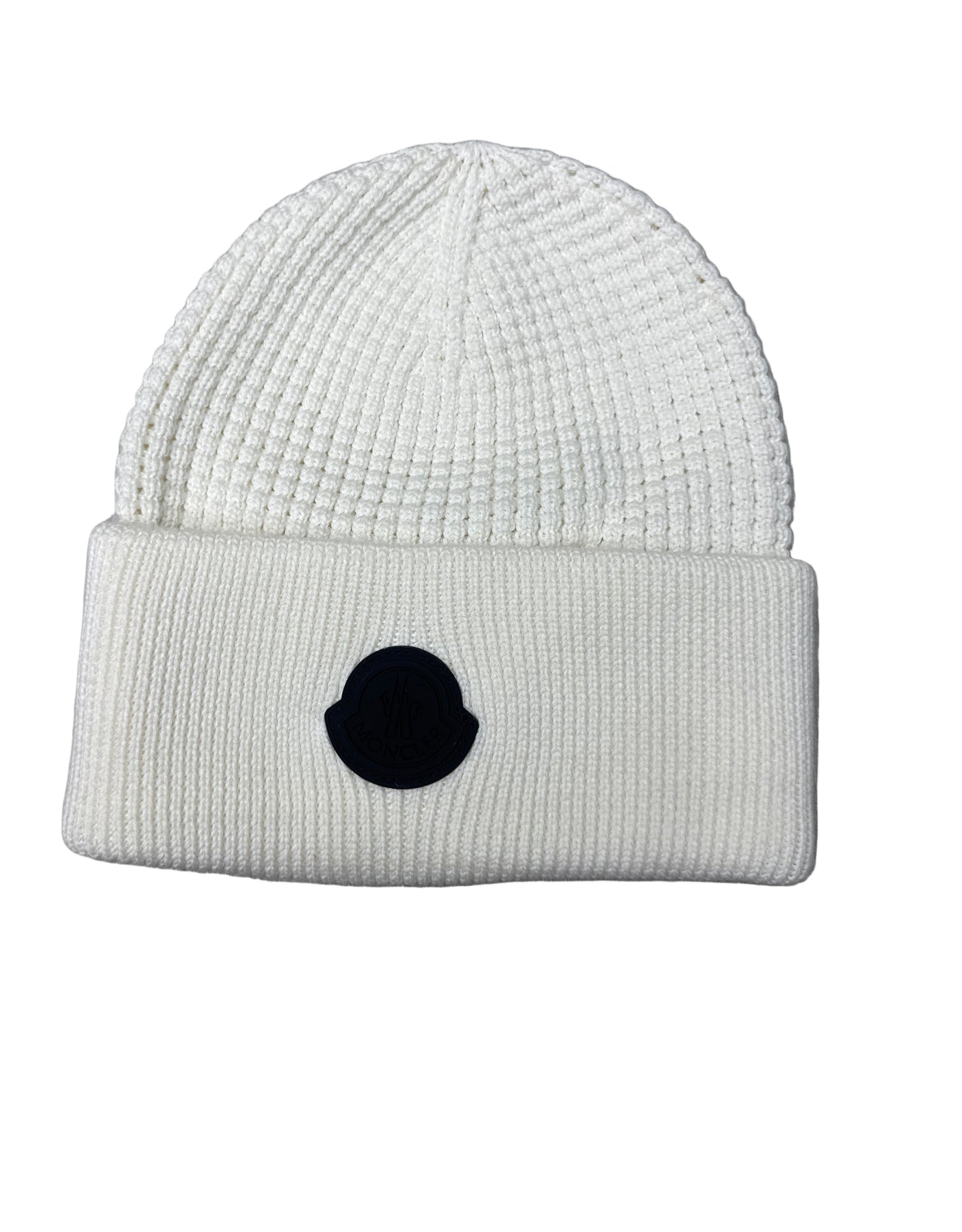 Moncler Logo Patch White Waffle Knit Beanie
