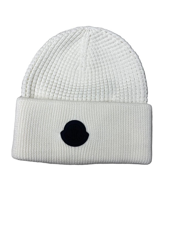 Moncler Logo Patch White Waffle Knit Beanie