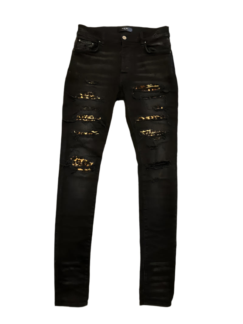 Amiri Leopard Print Thrasher Jeans Black