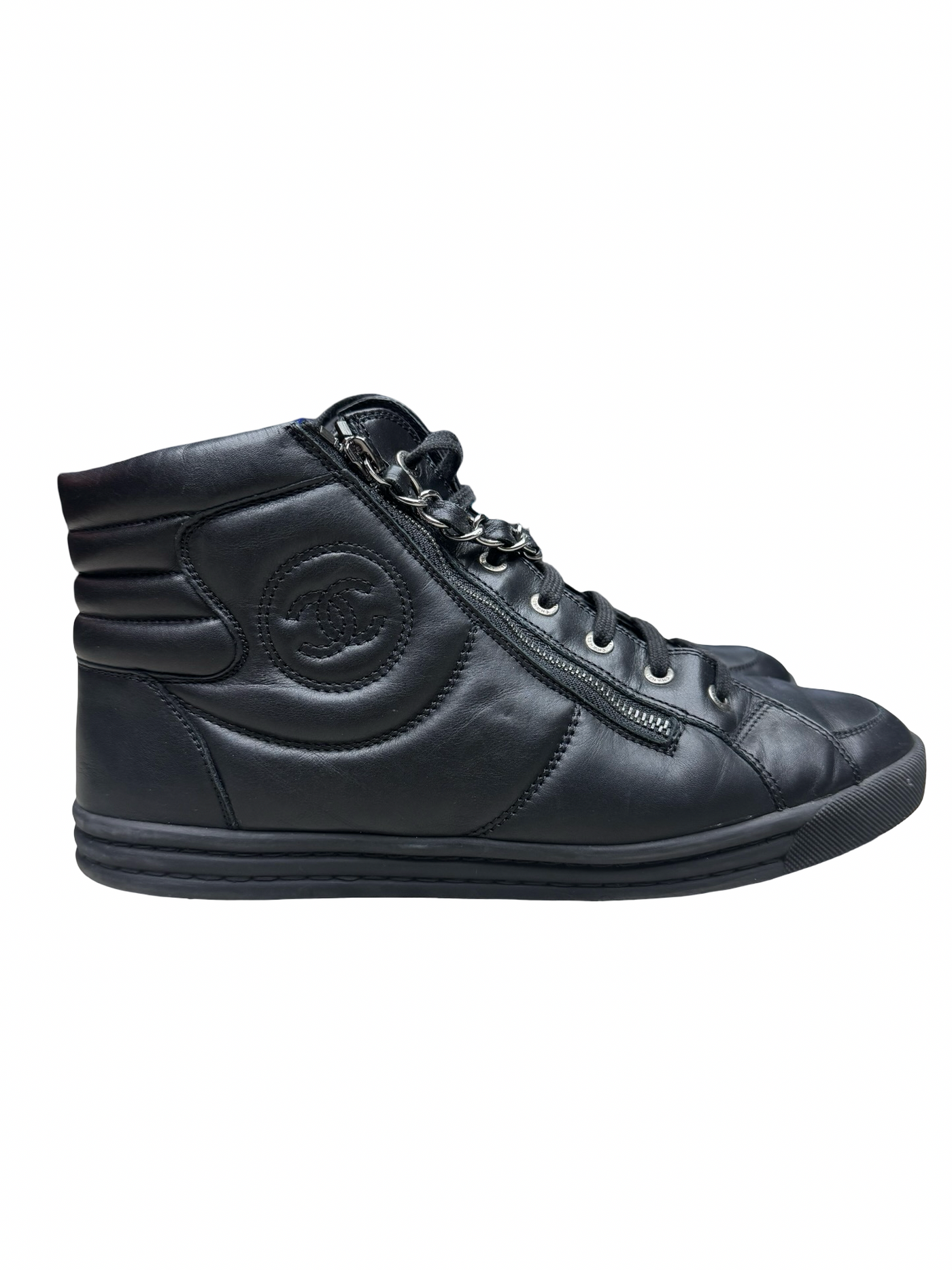 Chanel black CC Zipper Leather High Top Sneakers