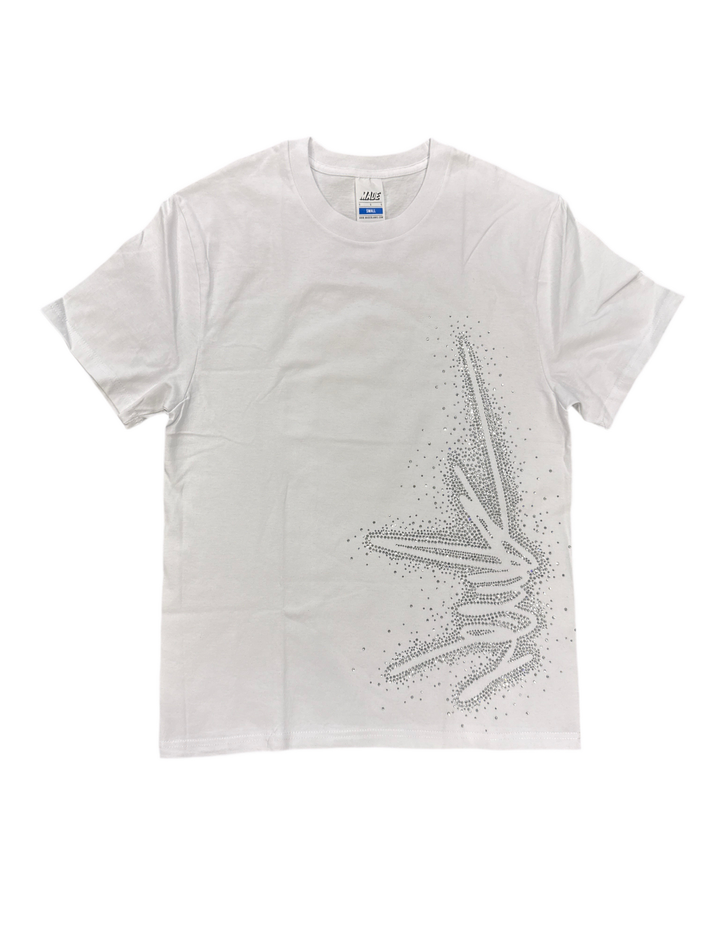 NewYrrk White T-Shirt Outline Side Logo White Crystals