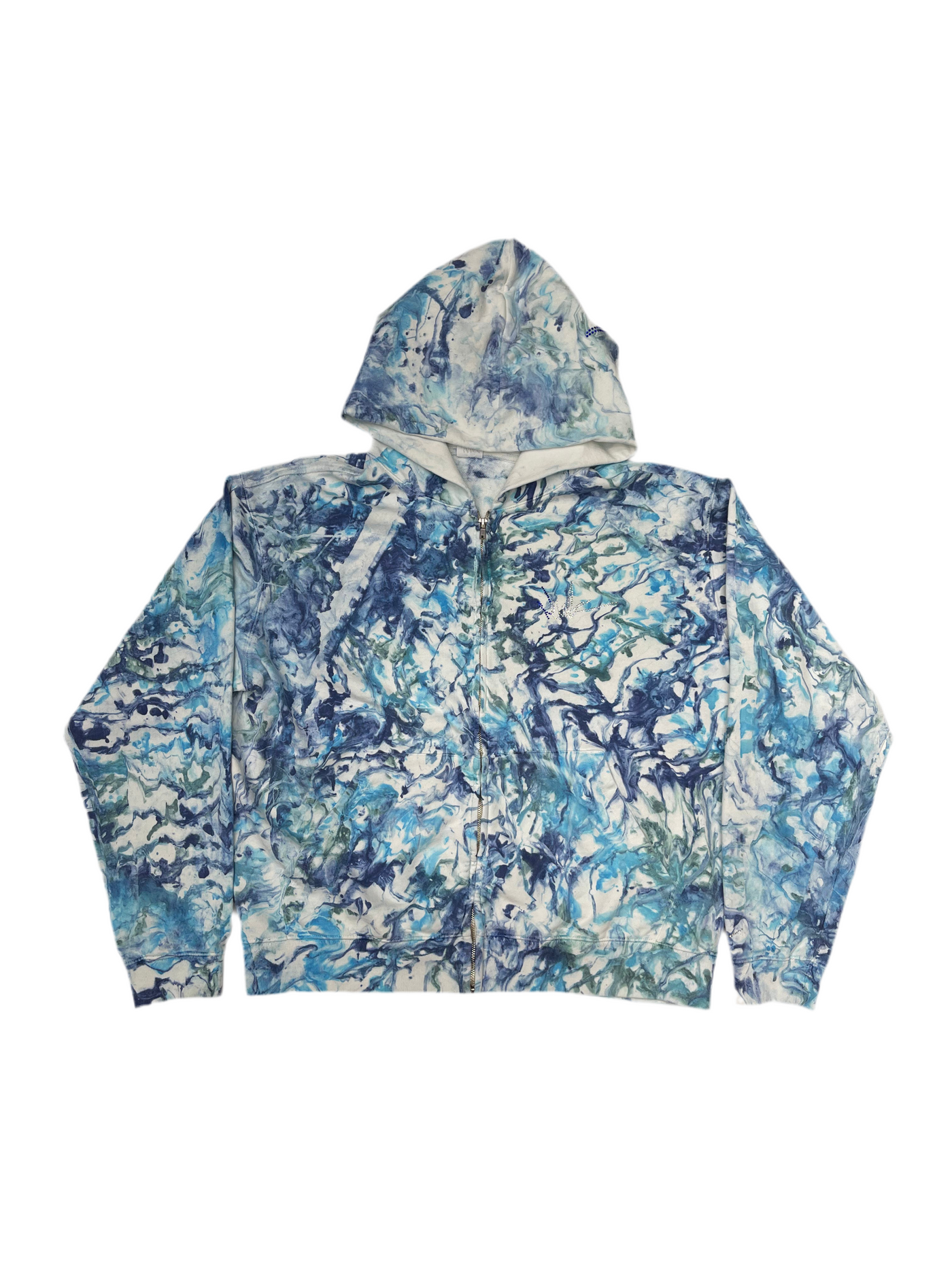 NewYrrk Blue Wash Tie-Dye Zip-Up Hoodie w/ Blue White Crystal