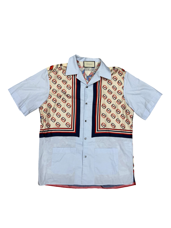 Gucci Gg Logo Lion Chain Silk Panel Oxford Bowling Shirt