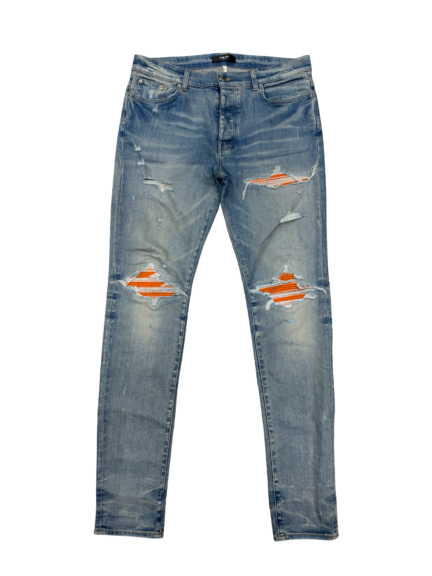 Amiri MX1 Orange Cracked Suede Patch Jeans Indigo