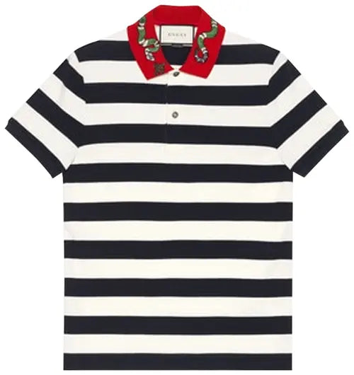 Gucci Snake Applique Striped Polo Navy White