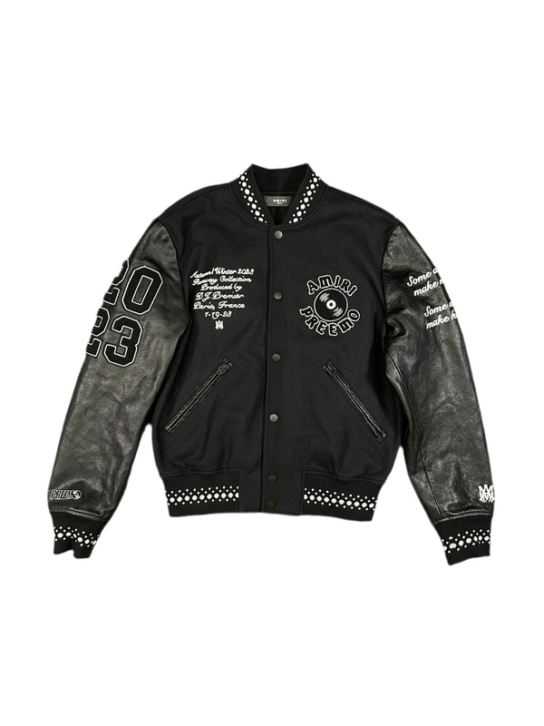 Amiri x Premier Records Patch Leather Sleeve Wool Blend Varsity Jacket Black